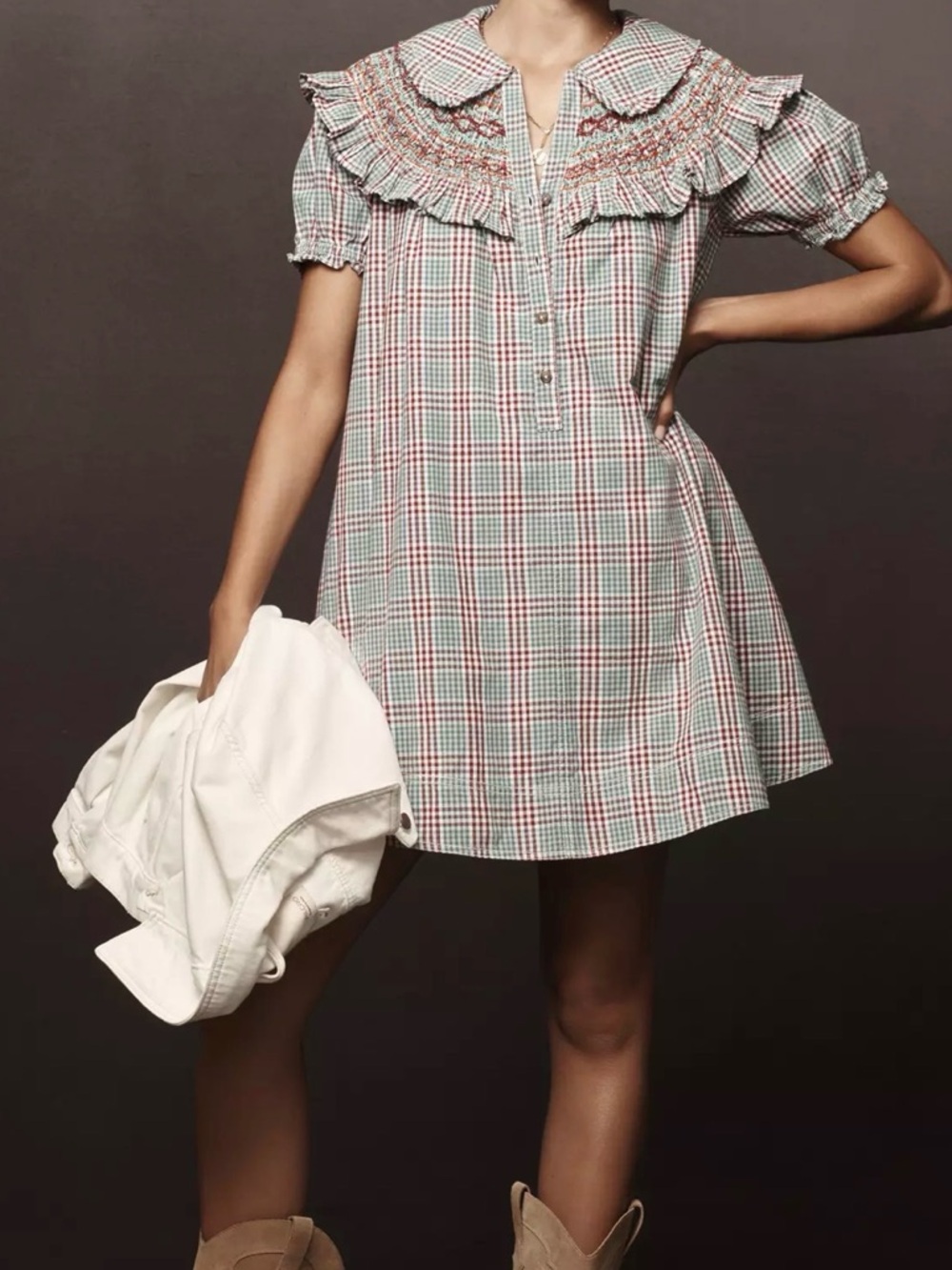 Anthropologie Pilcro Short-Sleeve V-Neck Smocked Babydoll Mini Dress - Picture 5 of 5